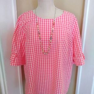 Crown & Ivy XL peaches gingham blouse with bows on the sleeves.